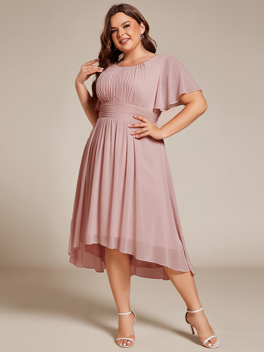 Plus Size Pleated Round Neckline A-Line Midi Chiffon Wedding Guest Dress