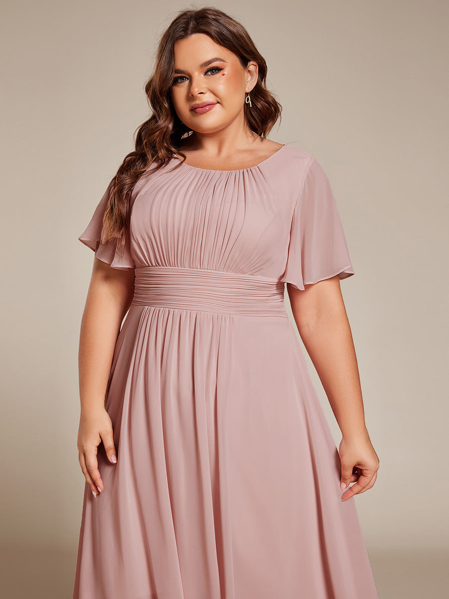 Plus Size Pleated Round Neckline A-Line Midi Chiffon Wedding Guest Dress