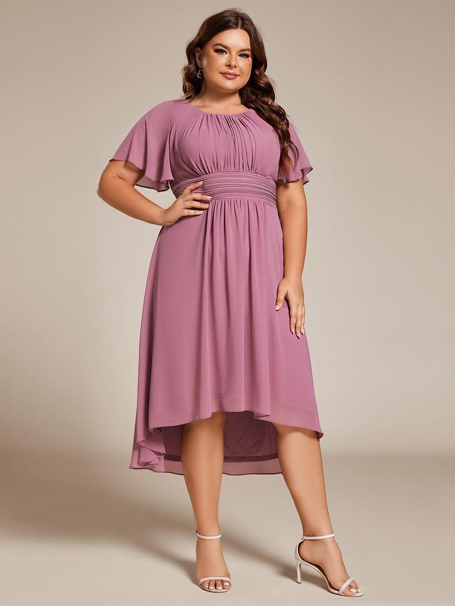 Plus Size Pleated Round Neckline A-Line Midi Chiffon Wedding Guest Dress