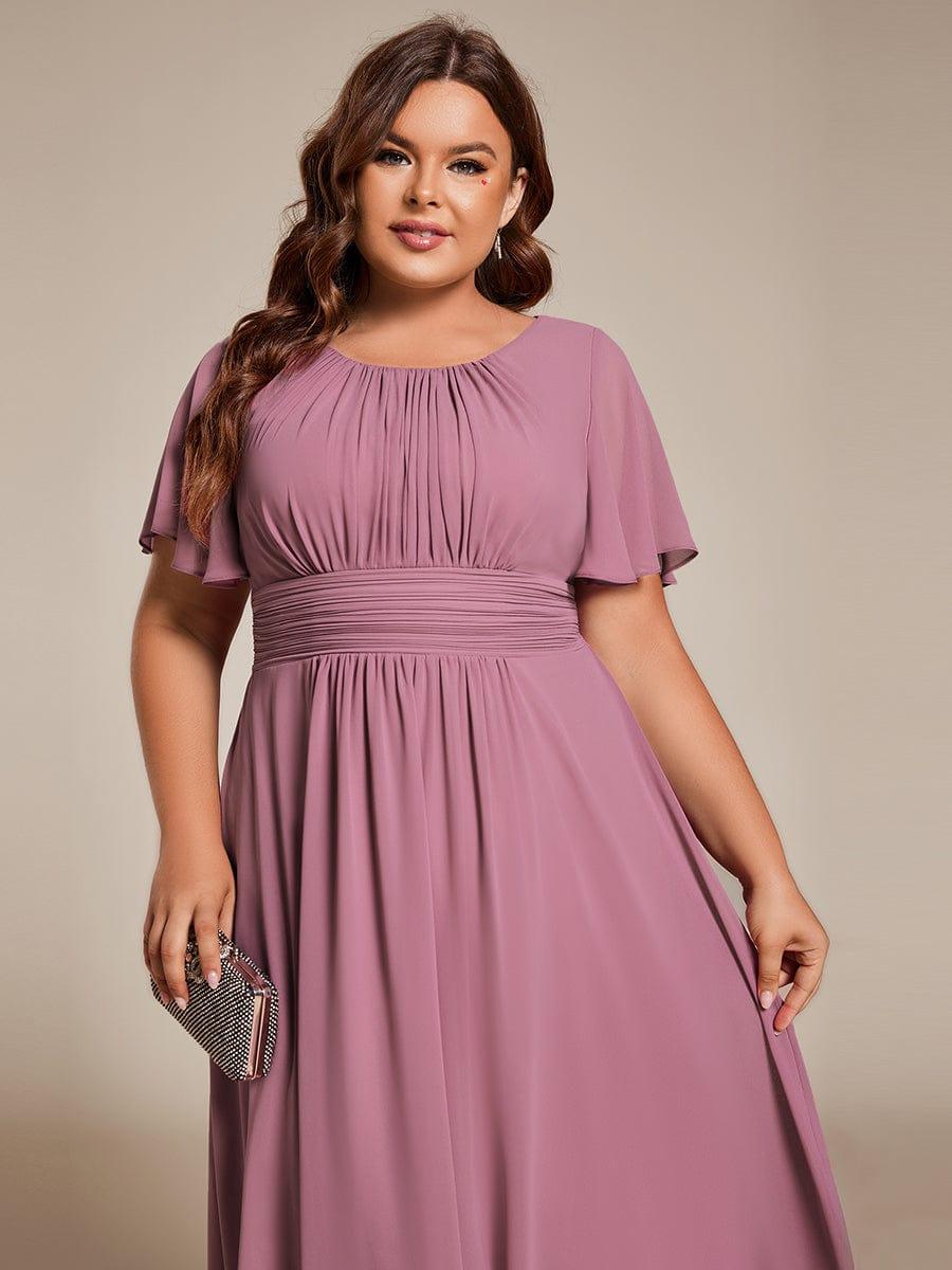 Plus Size Pleated Round Neckline A-Line Midi Chiffon Wedding Guest Dress