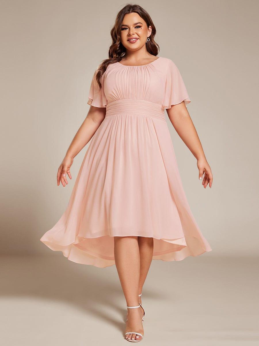 Plus Size Pleated Round Neckline A-Line Midi Chiffon Wedding Guest Dress
