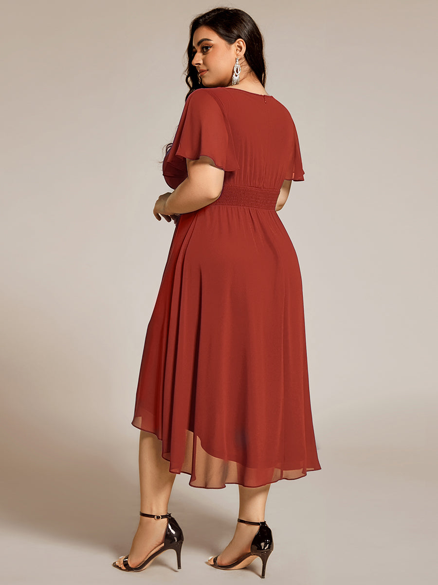 Plus Size Pleated Round Neckline A-Line Midi Chiffon Wedding Guest Dress