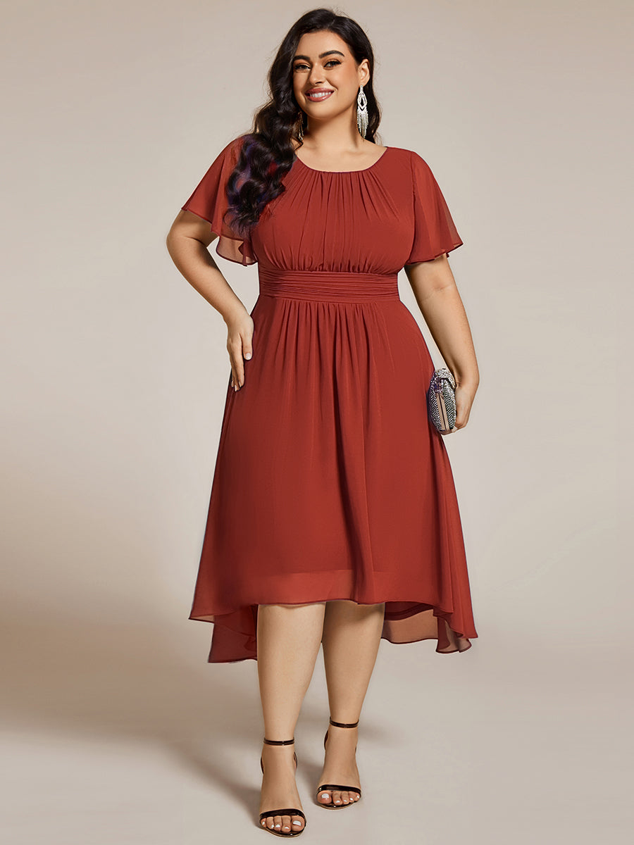 Plus Size Pleated Round Neckline A-Line Midi Chiffon Wedding Guest Dress