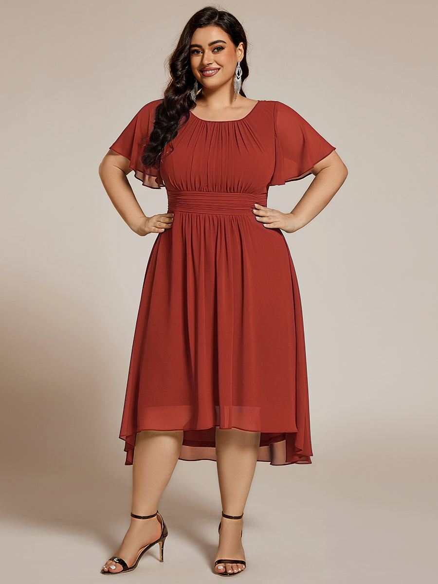 Plus Size Pleated Round Neckline A-Line Midi Chiffon Wedding Guest Dress