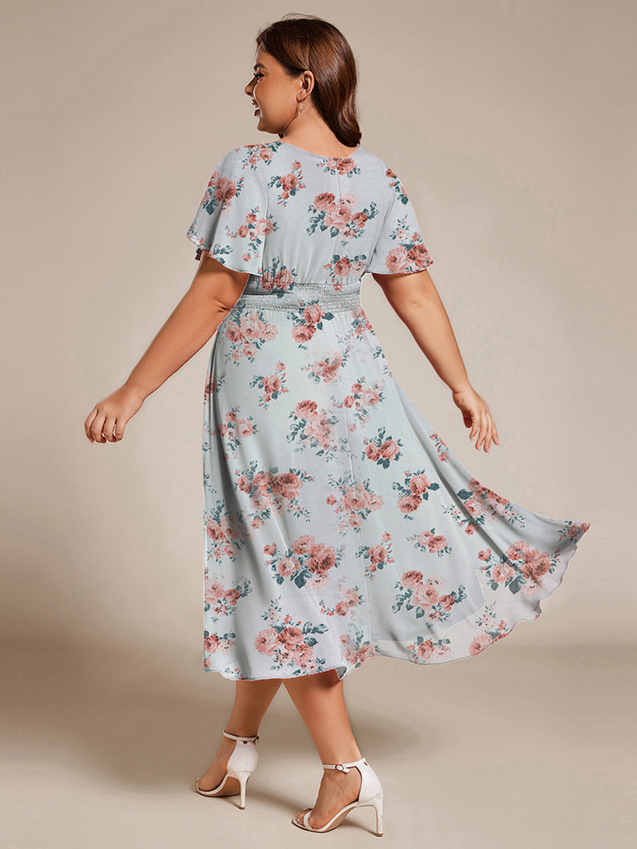 Plus Size Pleated Round Neckline A-Line Midi Chiffon Wedding Guest Dress