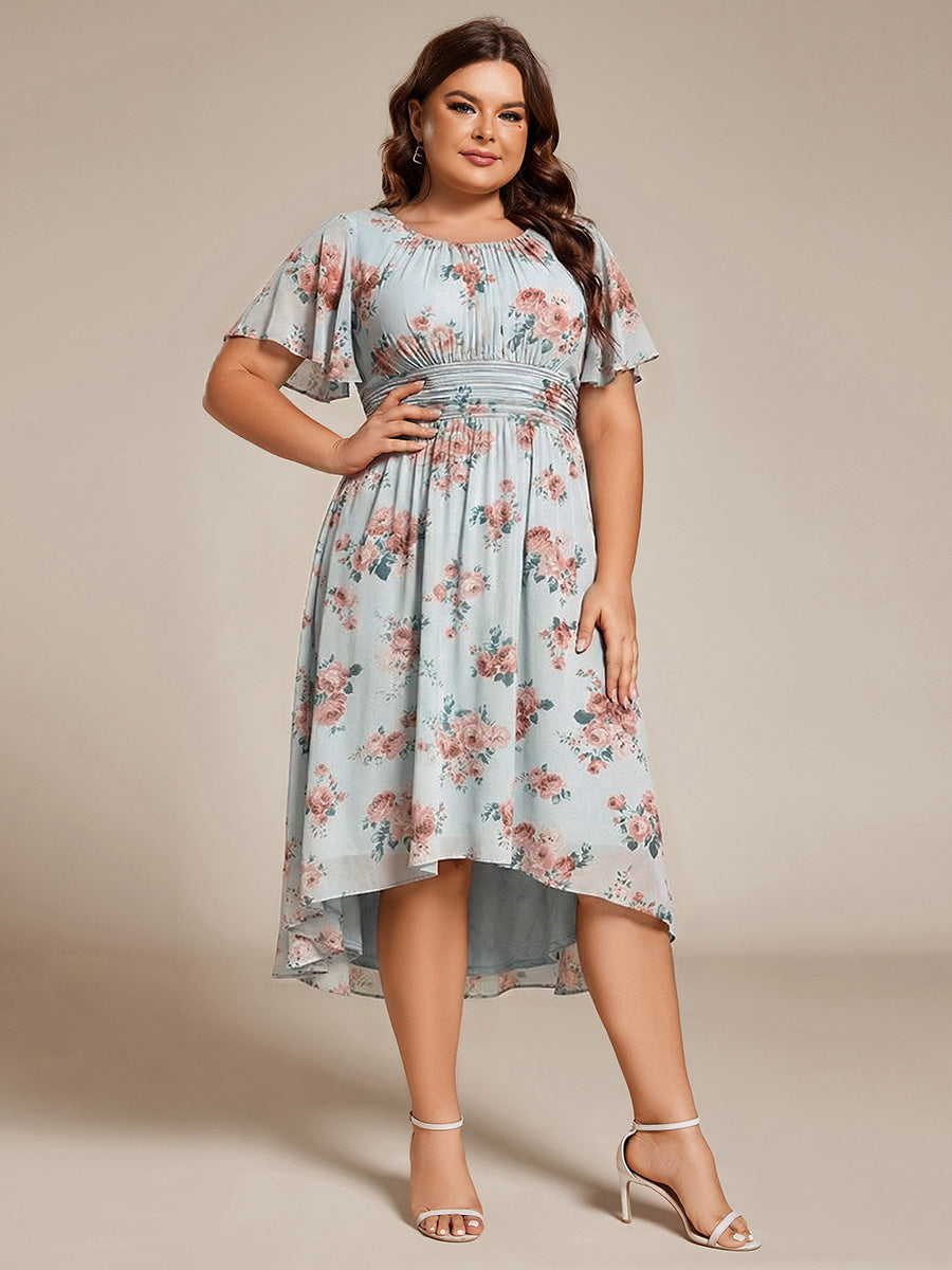 Plus Size Pleated Round Neckline A-Line Midi Chiffon Wedding Guest Dress