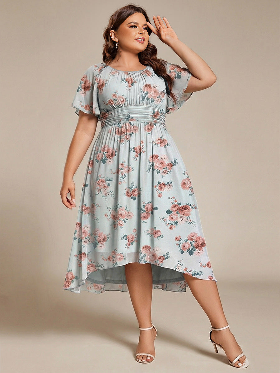 Plus Size Pleated Round Neckline A-Line Midi Chiffon Wedding Guest Dress