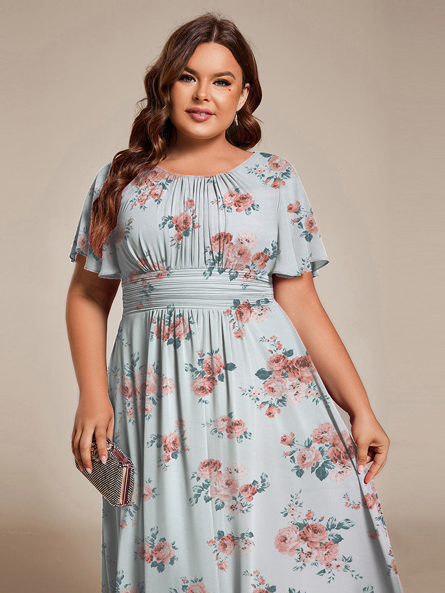 Plus Size Pleated Round Neckline A-Line Midi Chiffon Wedding Guest Dress