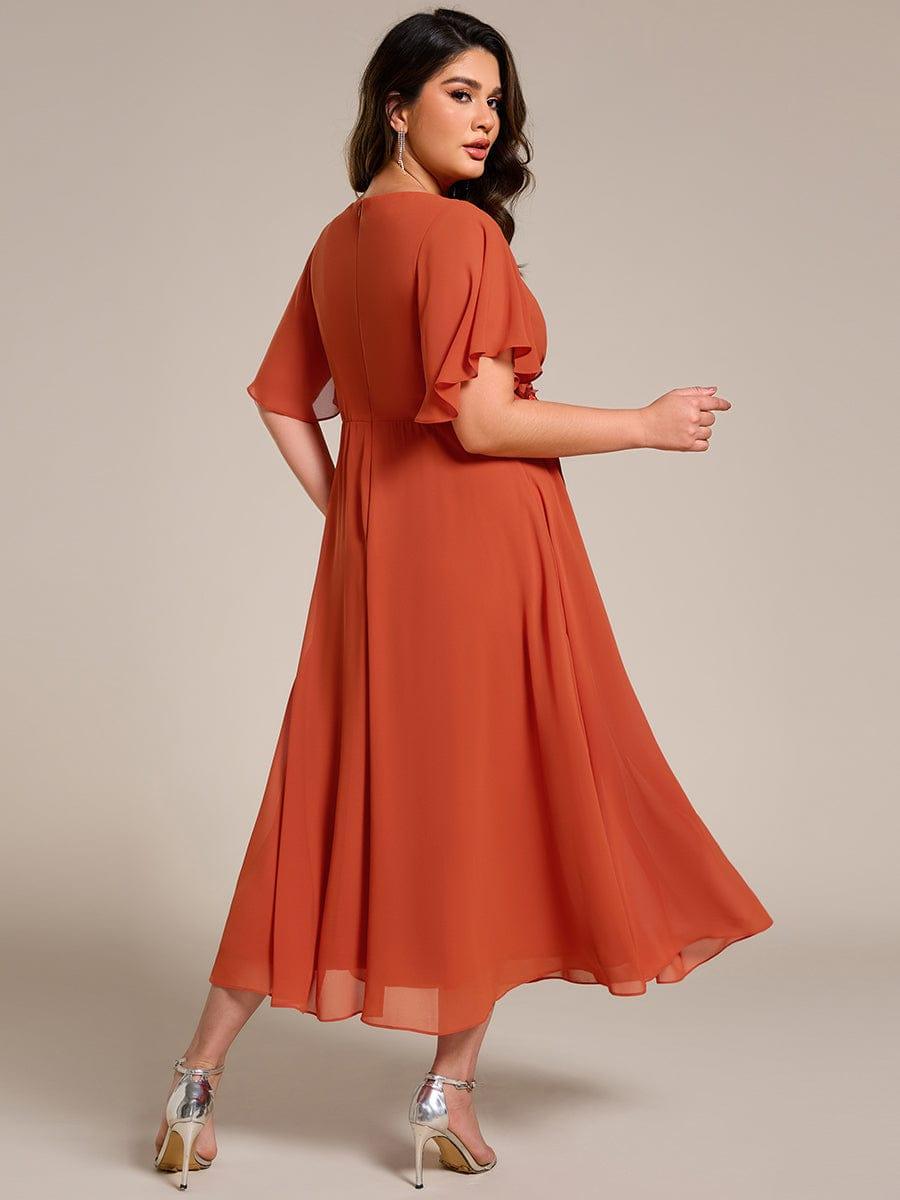Plus Size Elegant Short Sleeves V-Neck Floral Applique Wedding Guest Dress