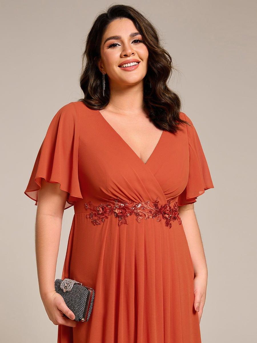 Plus Size Elegant Short Sleeves V-Neck Floral Applique Wedding Guest Dress