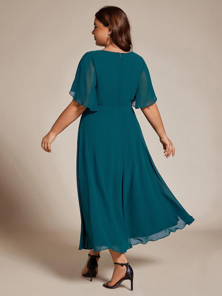 Plus Size Elegant Short Sleeves V-Neck Floral Applique Wedding Guest Dress