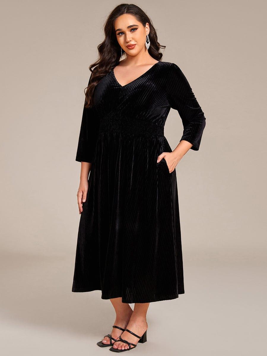 Plus Size Elegant Pleated Velvet Stretchy Tea Length Wedding Guest Dress