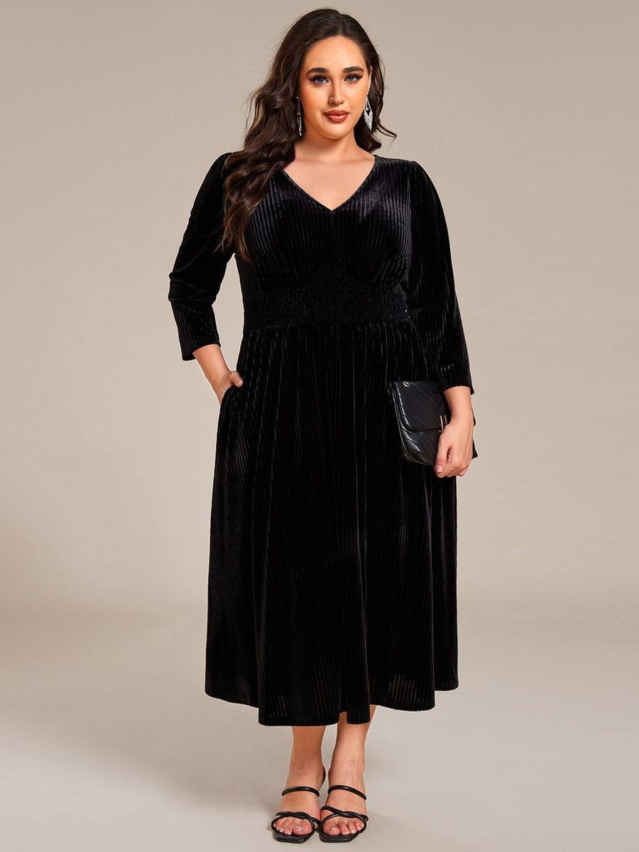 Plus Size Elegant Pleated Velvet Stretchy Tea Length Wedding Guest Dress