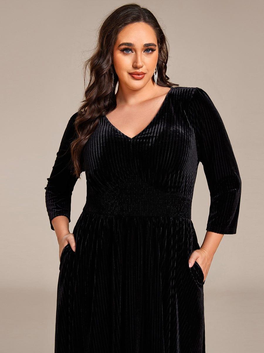 Plus Size Elegant Pleated Velvet Stretchy Tea Length Wedding Guest Dress