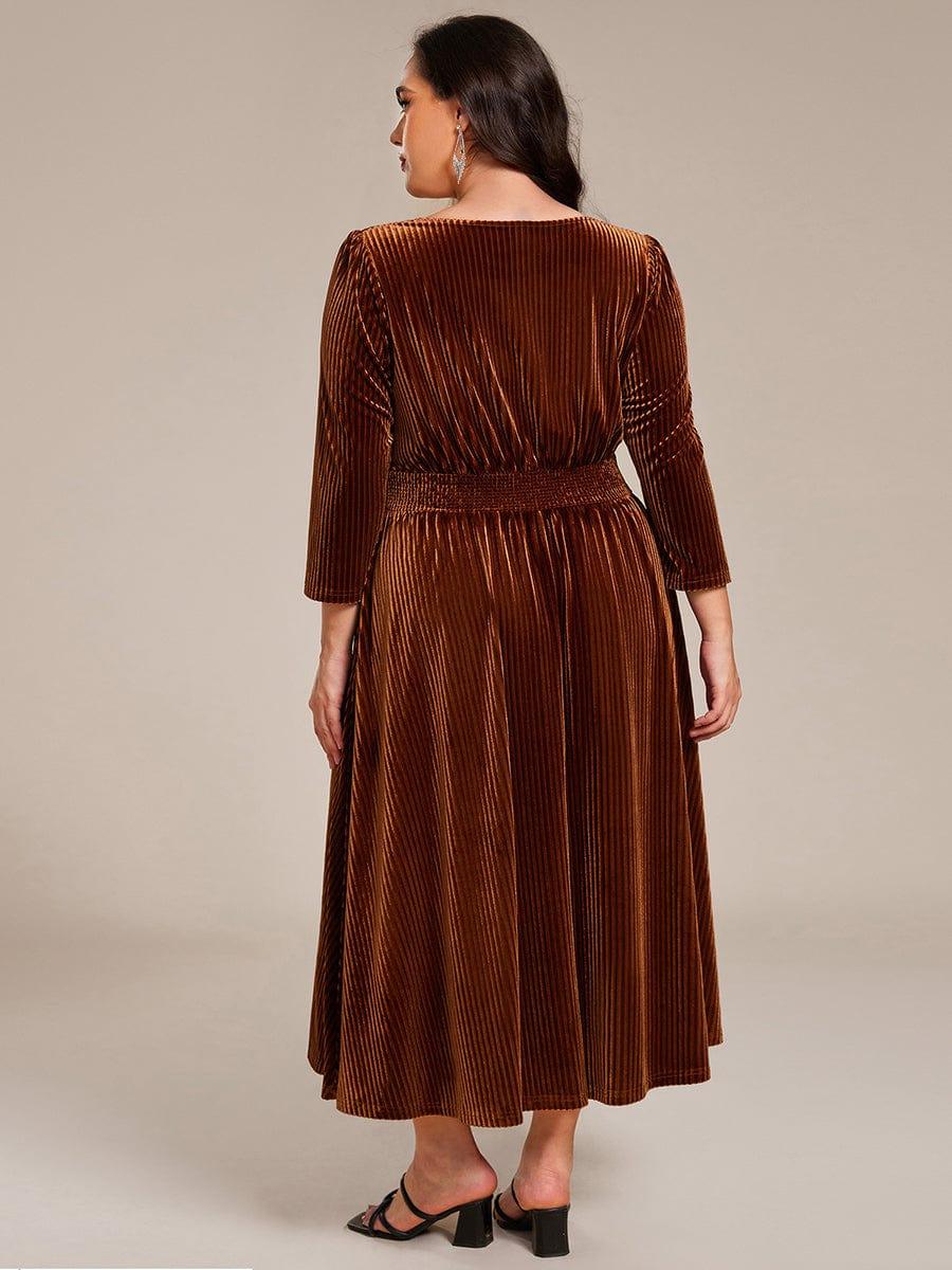 Plus Size Elegant Pleated Velvet Stretchy Tea Length Wedding Guest Dress