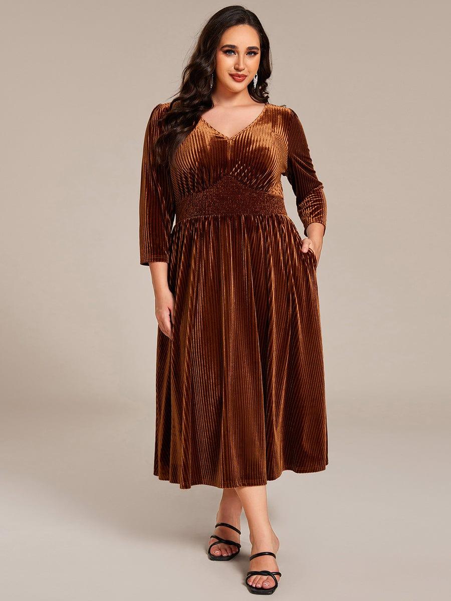 Plus Size Elegant Pleated Velvet Stretchy Tea Length Wedding Guest Dress