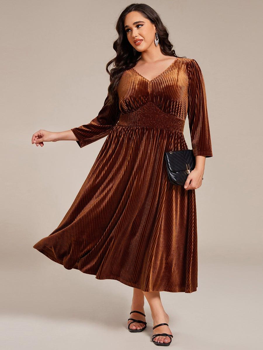 Plus Size Elegant Pleated Velvet Stretchy Tea Length Wedding Guest Dress