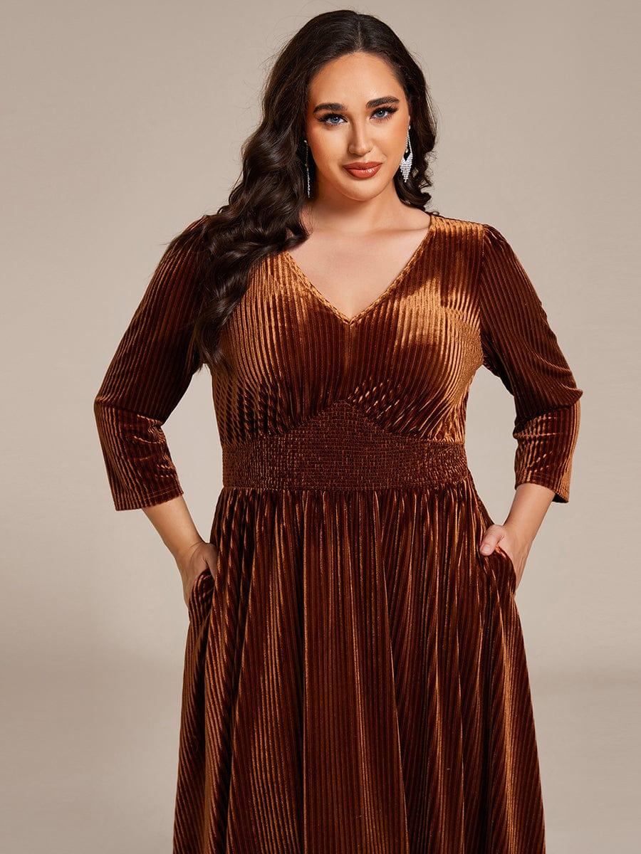 Plus Size Elegant Pleated Velvet Stretchy Tea Length Wedding Guest Dress