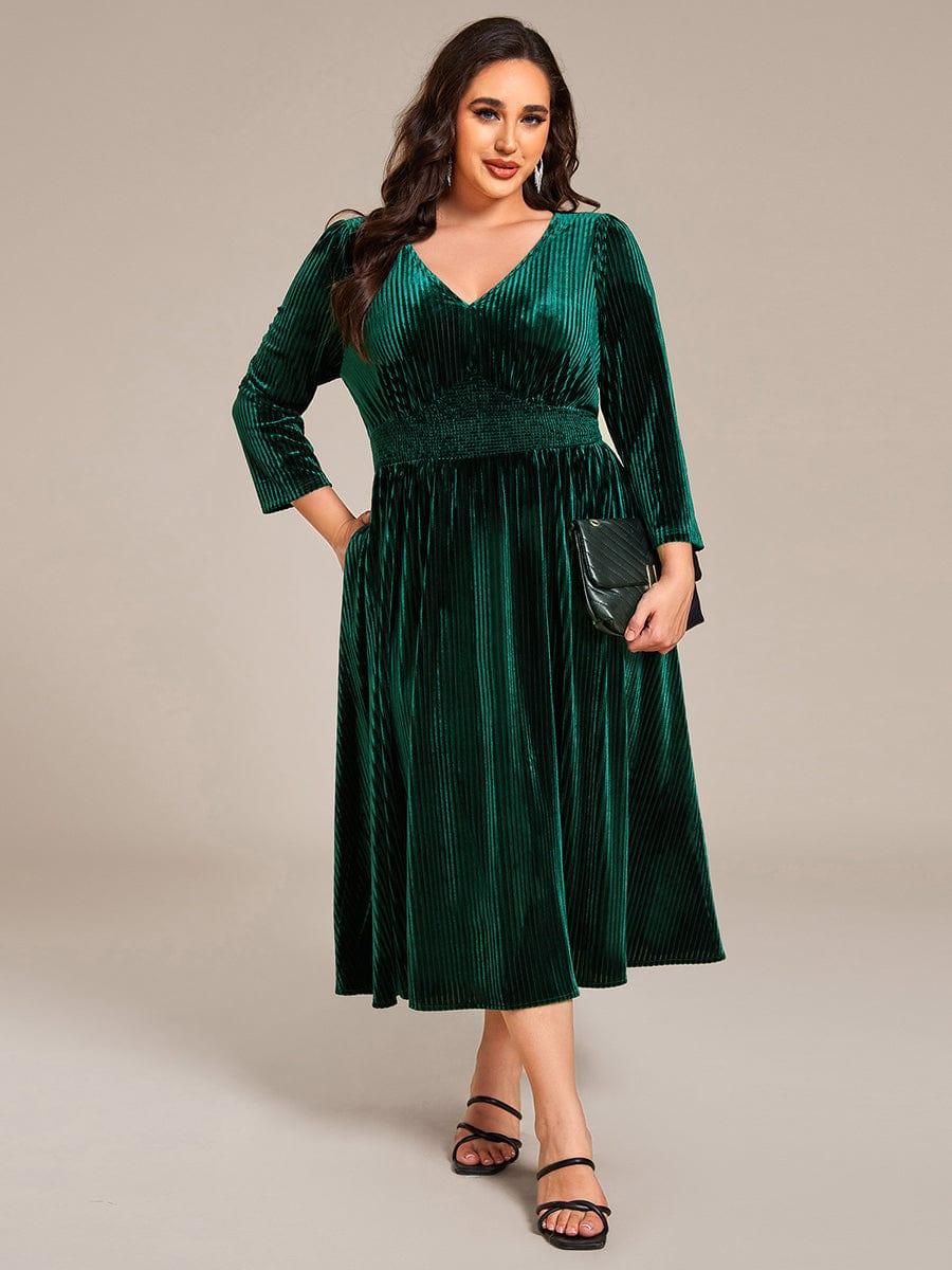 Plus Size Elegant Pleated Velvet Stretchy Tea Length Wedding Guest Dress