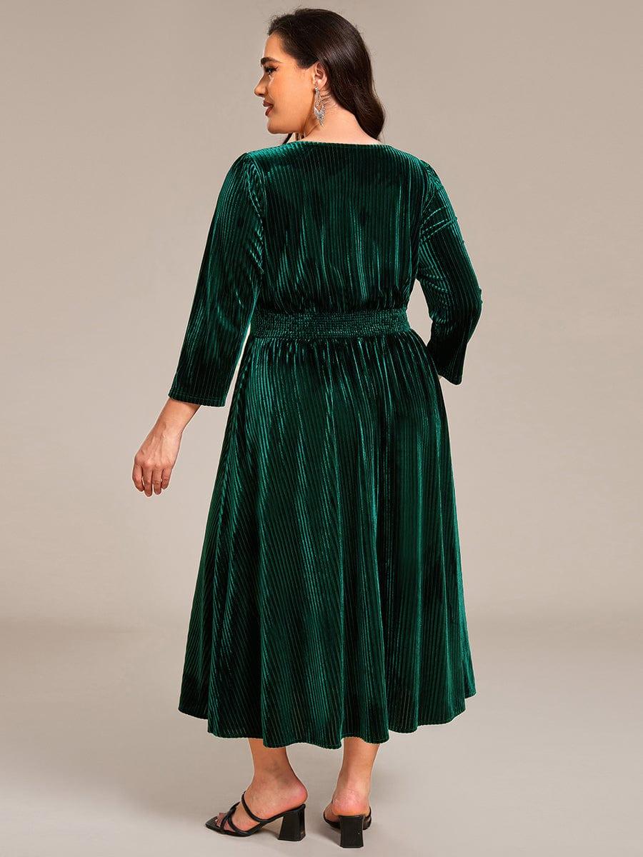 Plus Size Elegant Pleated Velvet Stretchy Tea Length Wedding Guest Dress