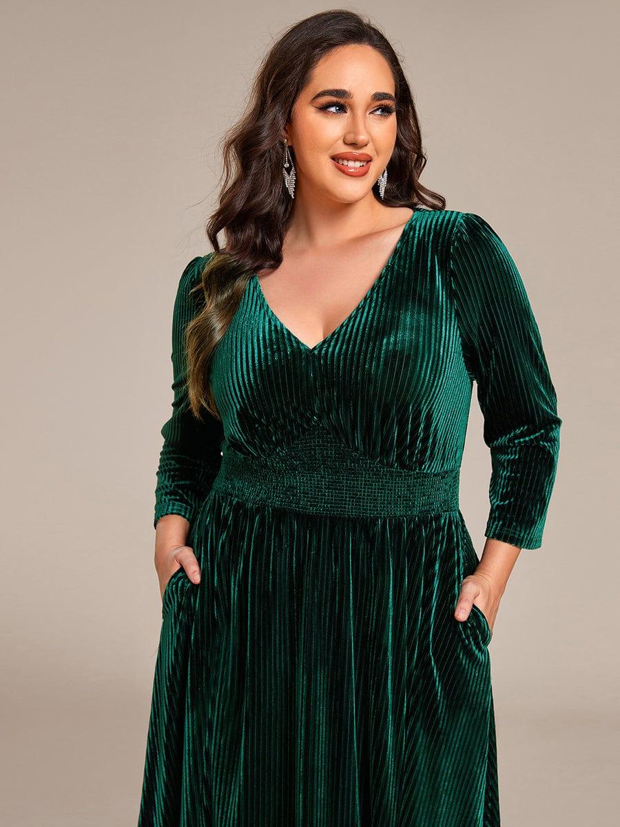 Plus Size Elegant Pleated Velvet Stretchy Tea Length Wedding Guest Dress