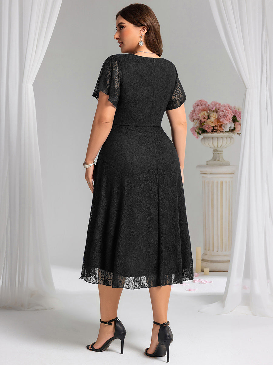 Plus Size Ruffled Sleeves Lace A-Line Formal Evening Dress