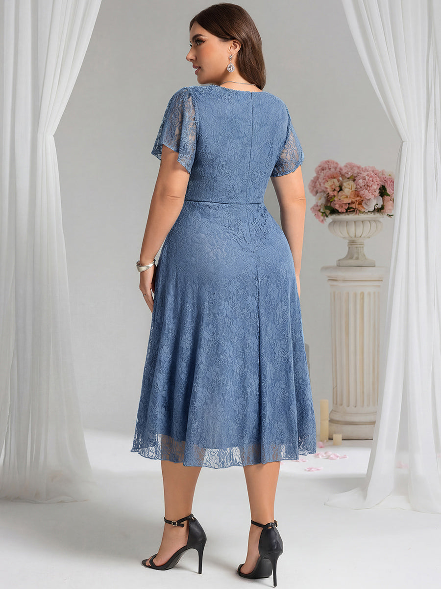 Plus Size Short Sleeves V-Neck A-Line Lace Midi Wedding Guest Dress