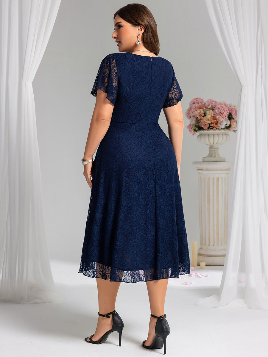 Plus Size Ruffled Sleeves Lace A-Line Formal Evening Dress