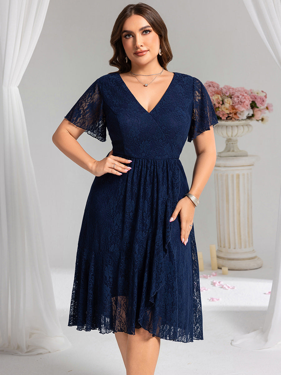 Plus Size Ruffled Sleeves Lace A-Line Formal Evening Dress