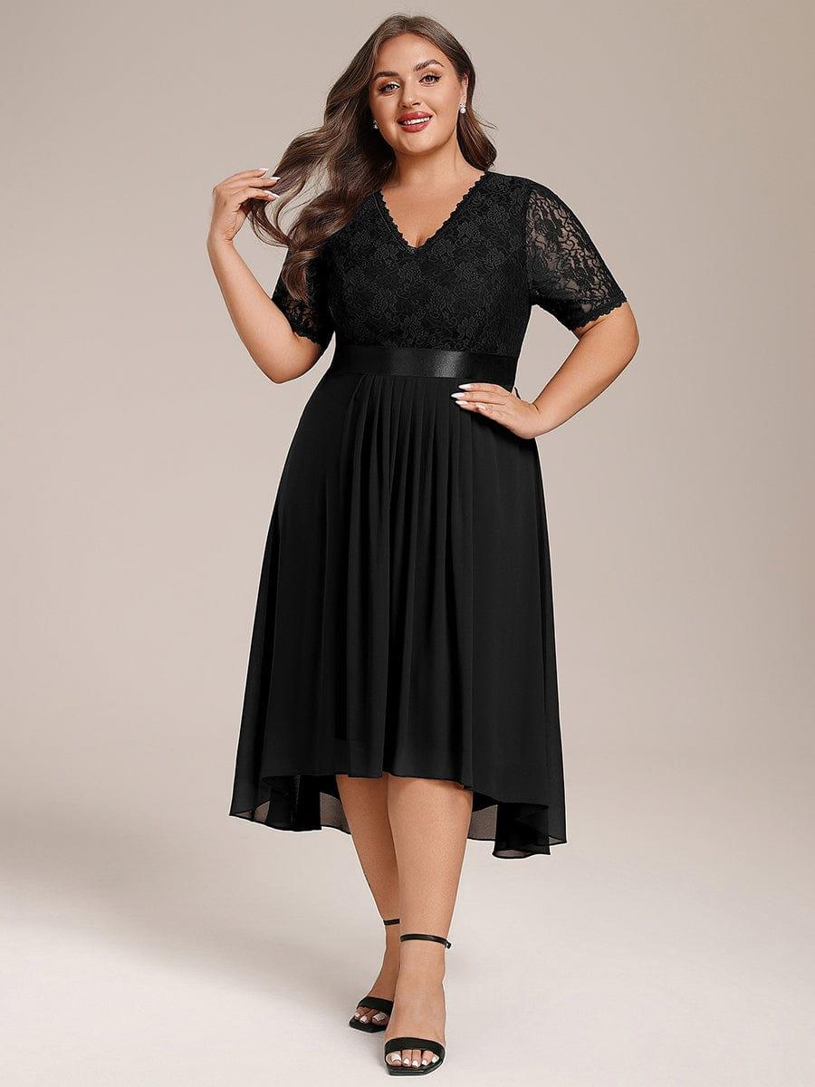 Plus Size Half Sleeve Lace Pleated V-Neck Midi Wedding Guest Dress