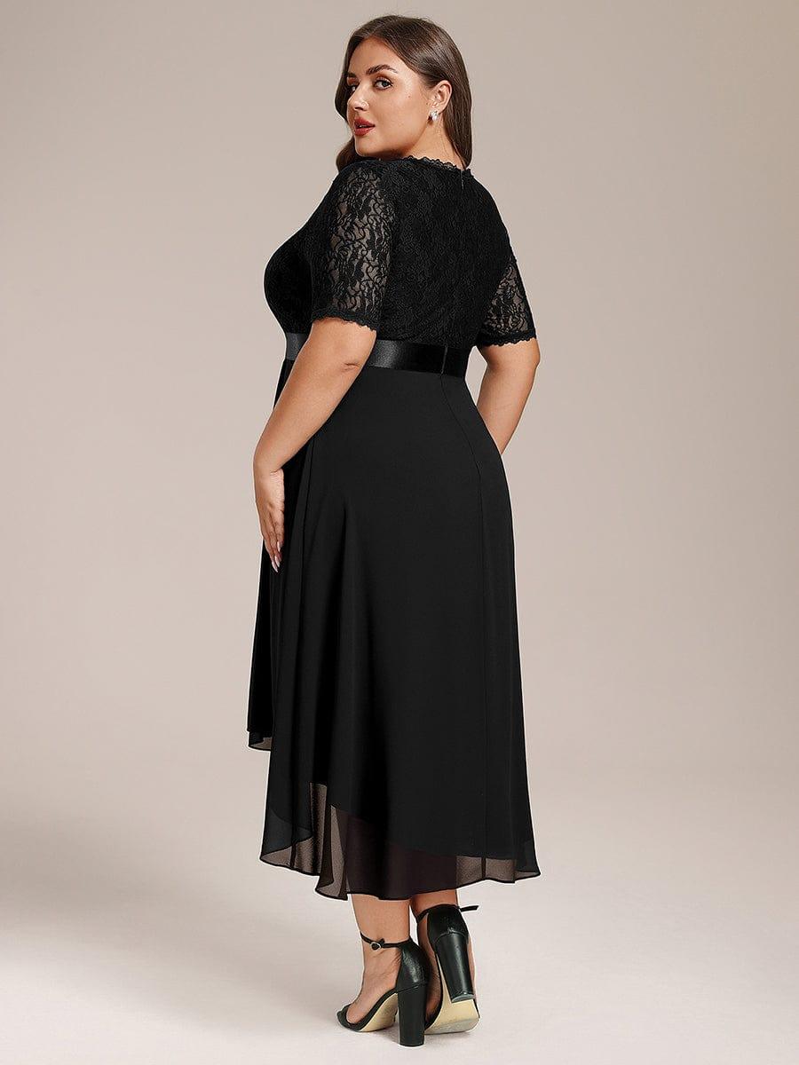 Plus Size Half Sleeve Lace Pleated V-Neck Midi Wedding Guest Dress