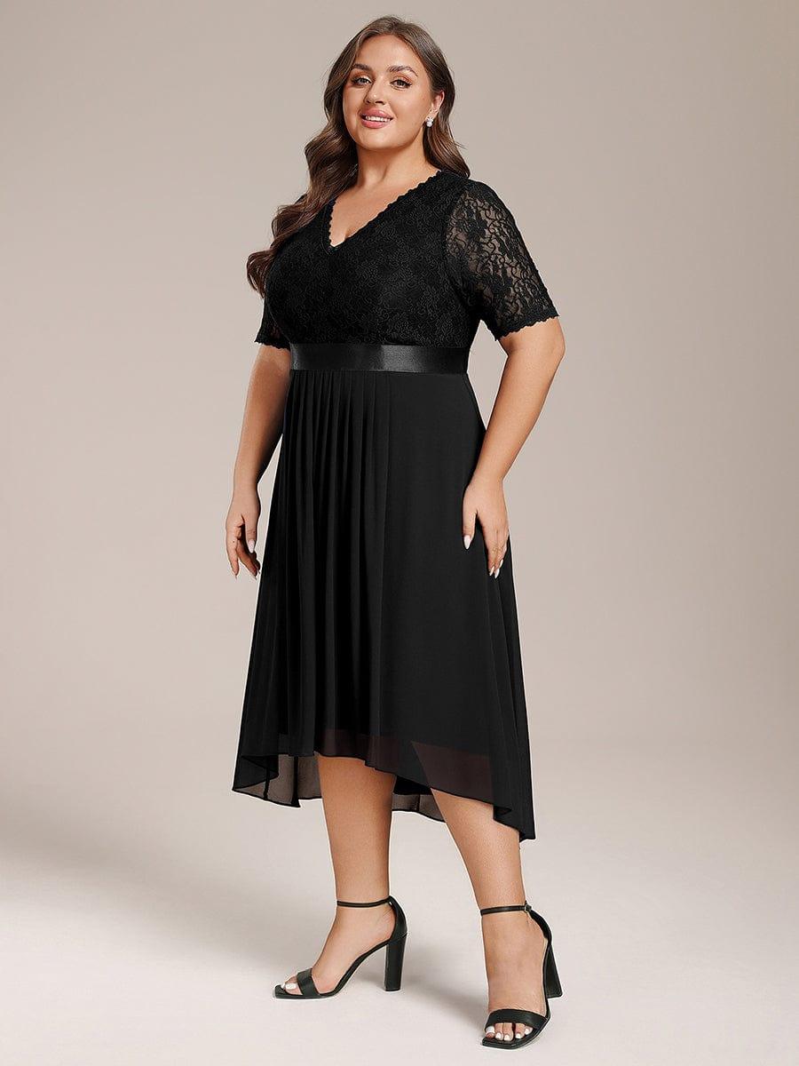 Plus Size Half Sleeve Lace Pleated V-Neck Midi Wedding Guest Dress