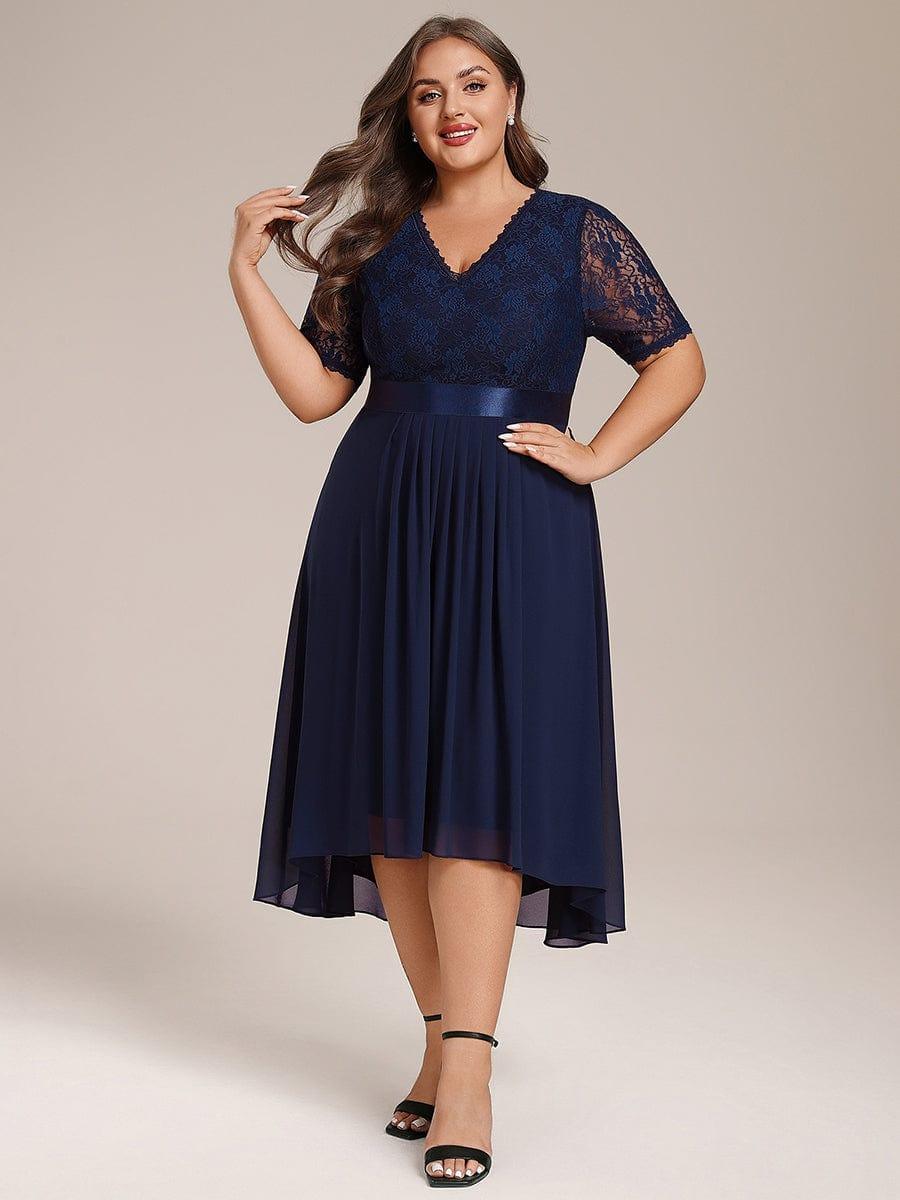 Plus Size Half Sleeve Lace Pleated V-Neck Midi Wedding Guest Dress