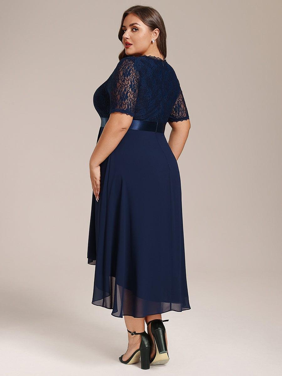 Plus Size Half Sleeve Lace Pleated V-Neck Midi Wedding Guest Dress