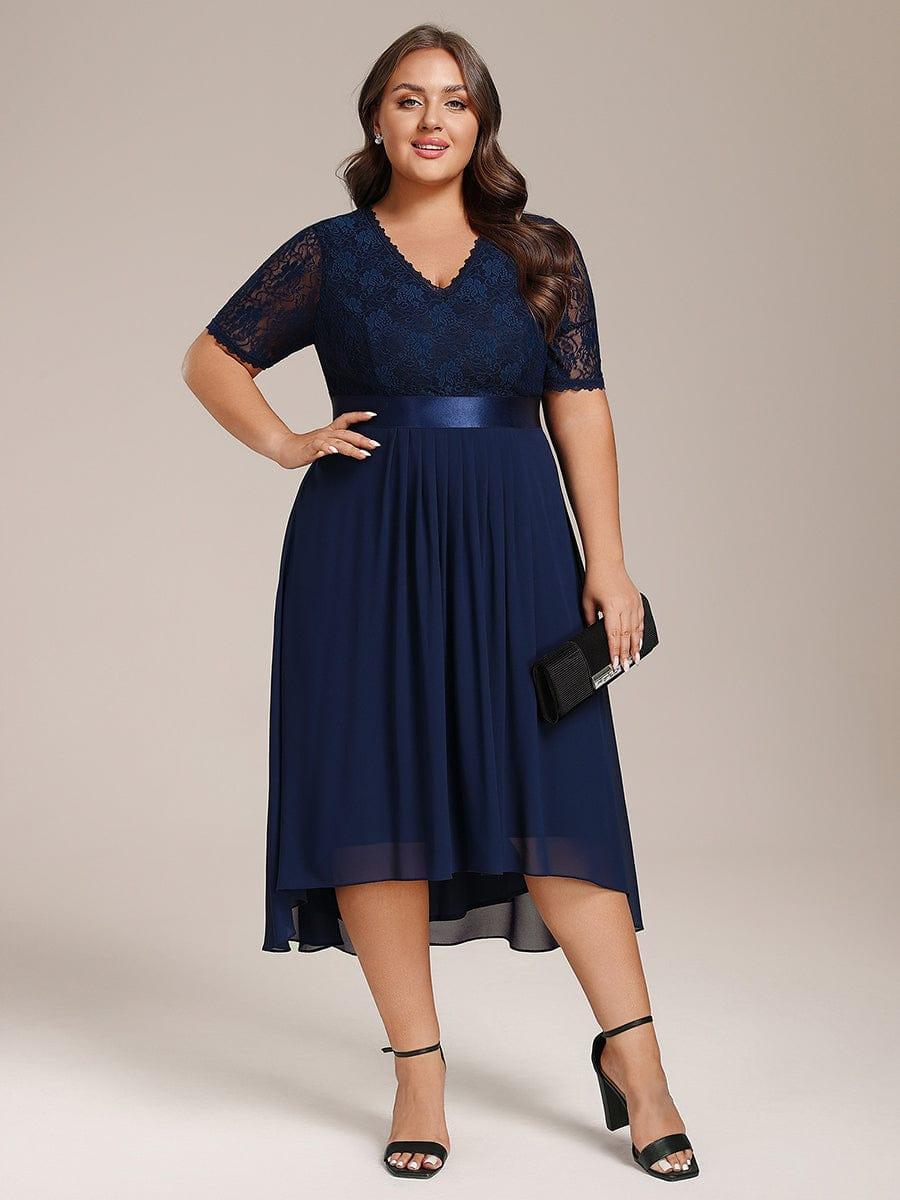 Plus Size Half Sleeve Lace Pleated V-Neck Midi Wedding Guest Dress