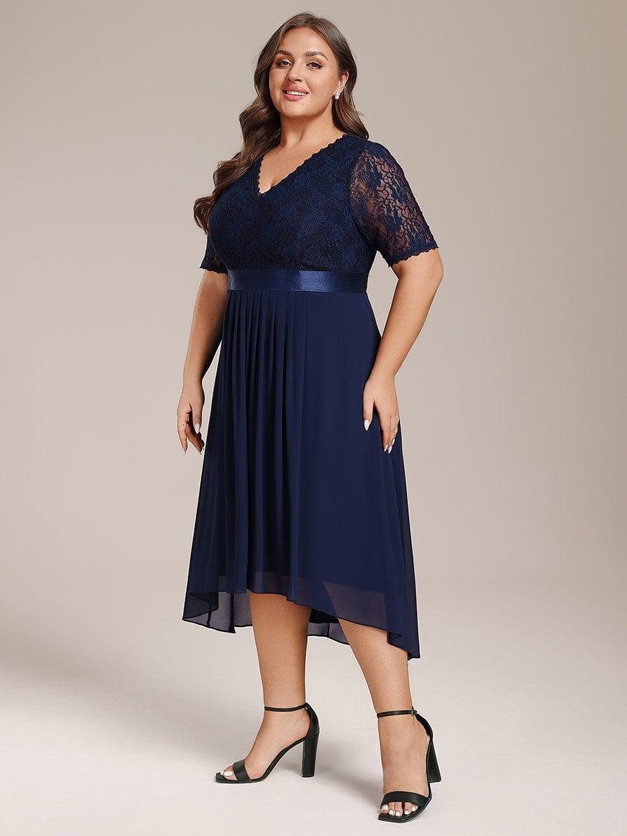 Plus Size Half Sleeve Lace Pleated V-Neck Midi Wedding Guest Dress