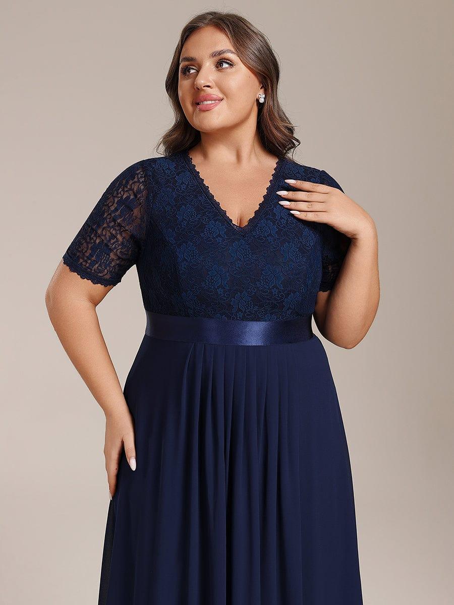 Plus Size Half Sleeve Lace Pleated V-Neck Midi Wedding Guest Dress