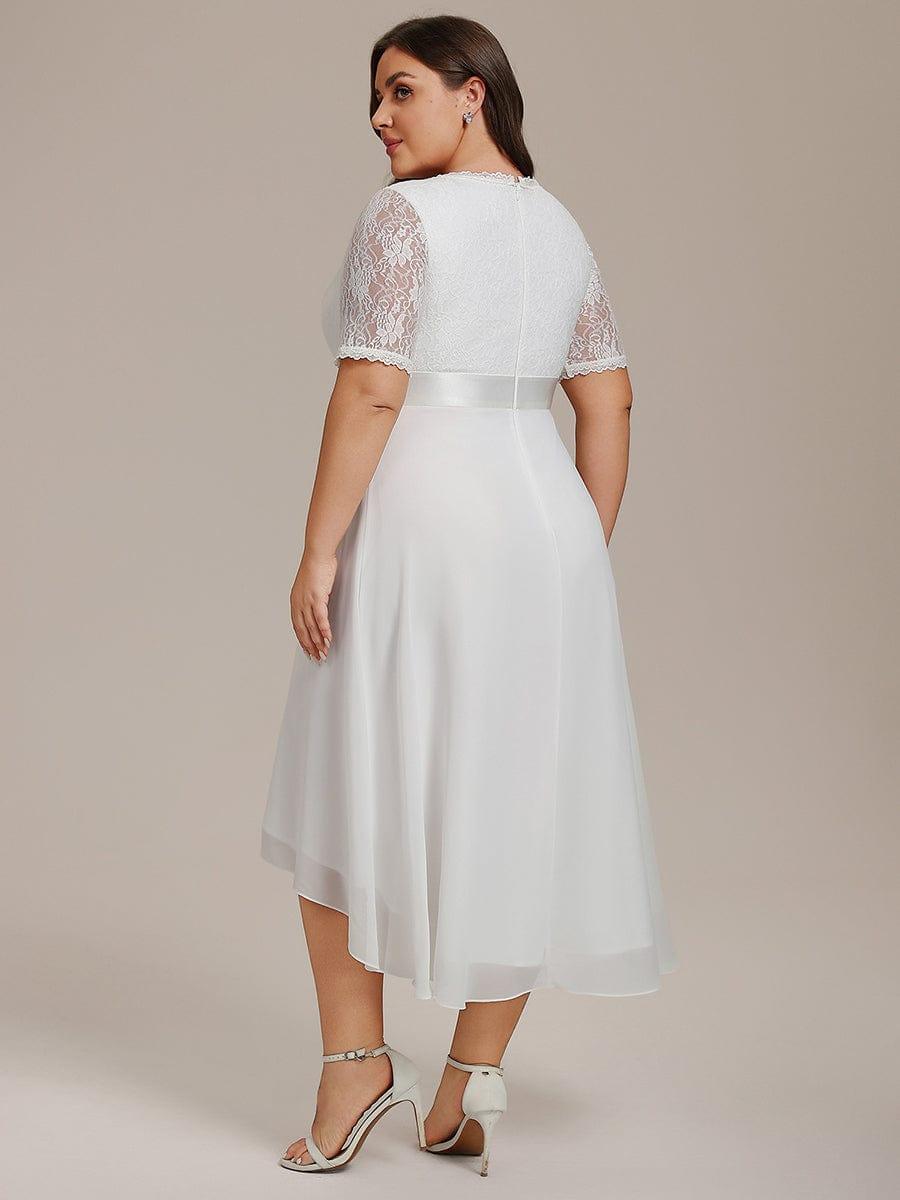 Plus Size Half Sleeve Lace Pleated V-Neck Midi Wedding Guest Dress