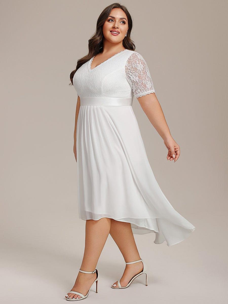 Plus Size Half Sleeve Lace Pleated V-Neck Midi Wedding Guest Dress