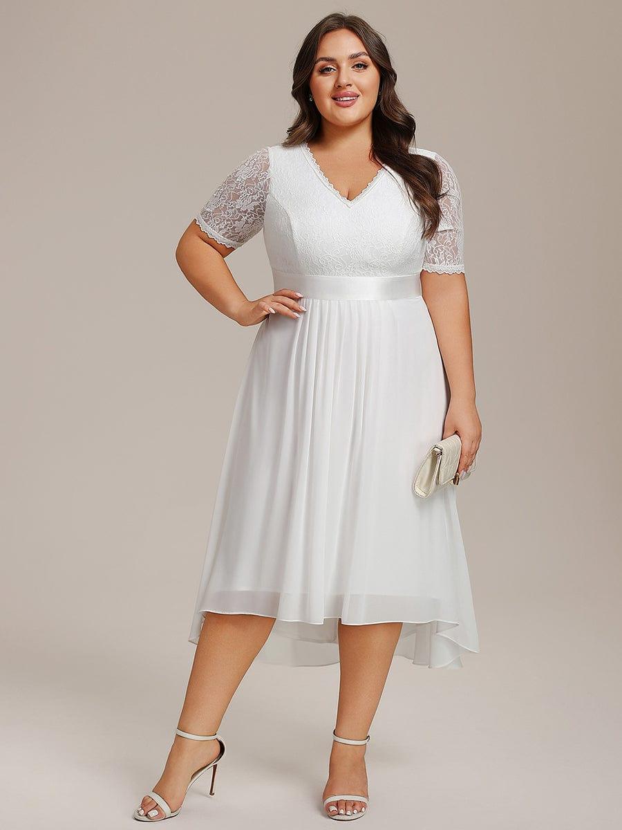 Plus Size Half Sleeve Lace Pleated V-Neck Midi Wedding Guest Dress