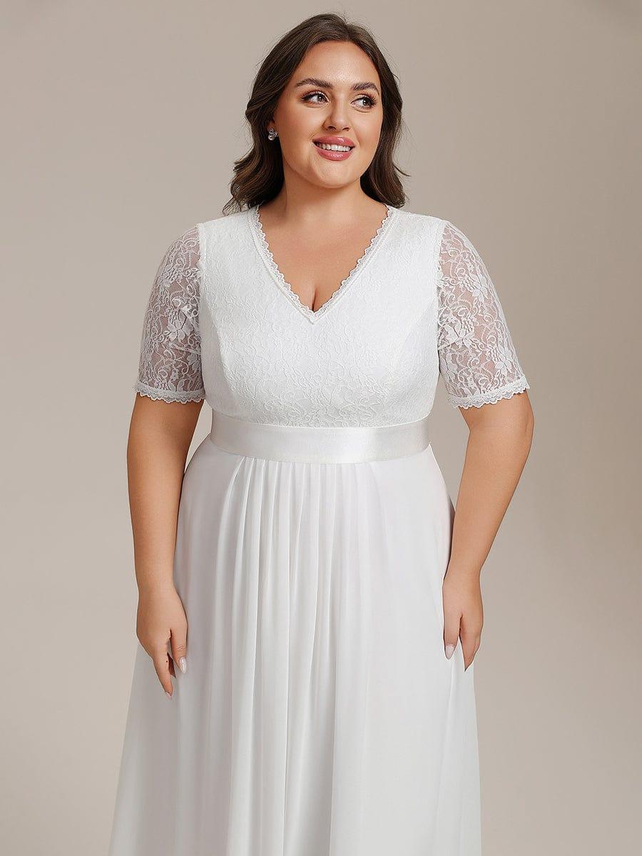 Plus Size Half Sleeve Lace Pleated V-Neck Midi Wedding Guest Dress