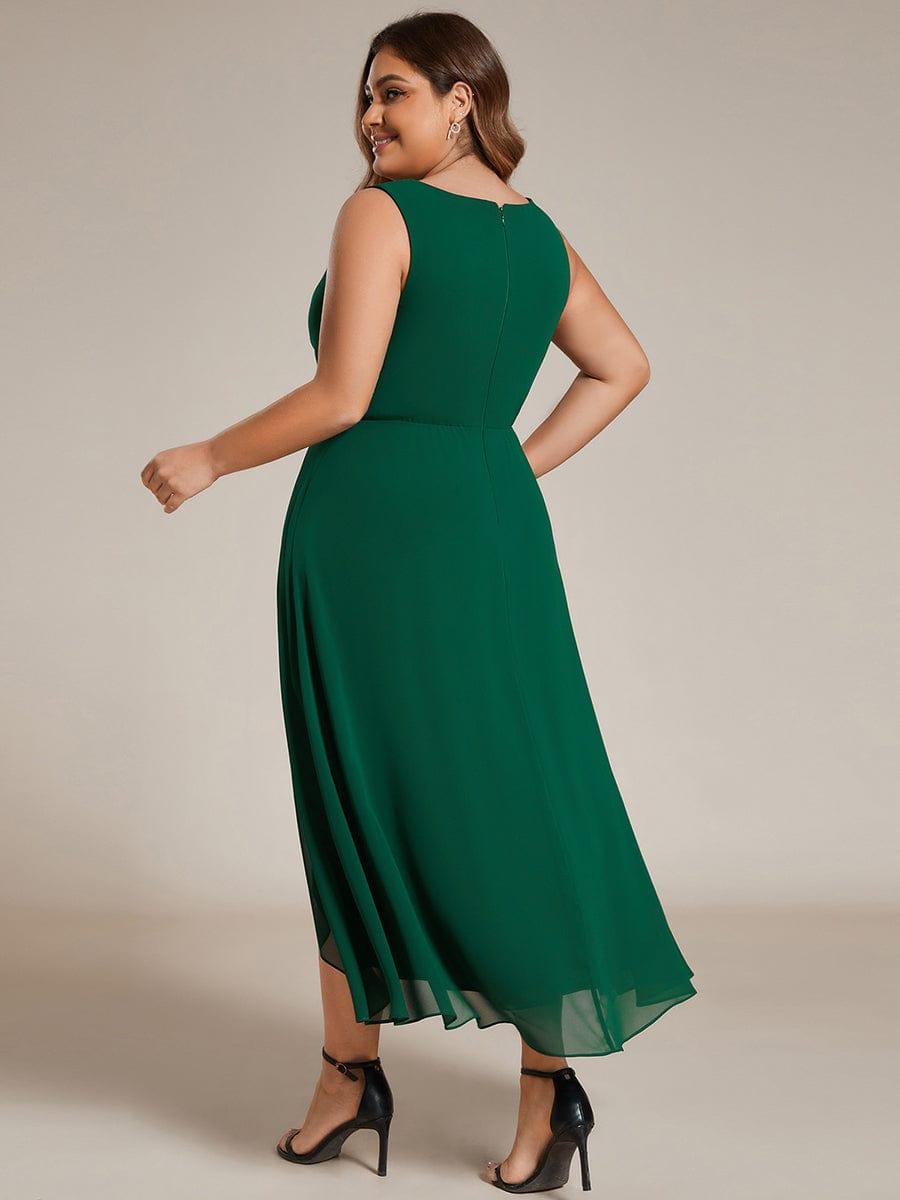 Sleeveless V-Neck High Low Plus Size Wedding Guest Dress with Floral Applique