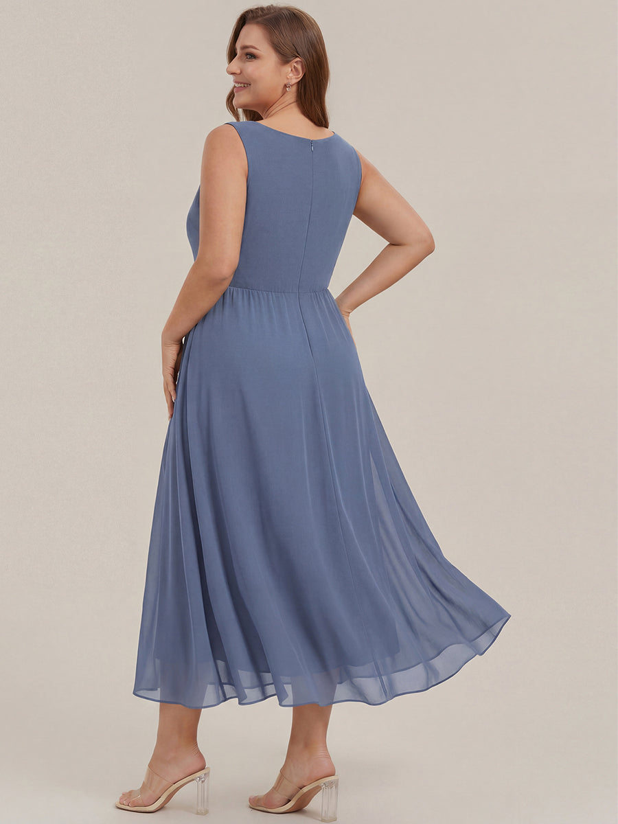 Sleeveless V-Neck High Low Plus Size Wedding Guest Dress with Floral Applique