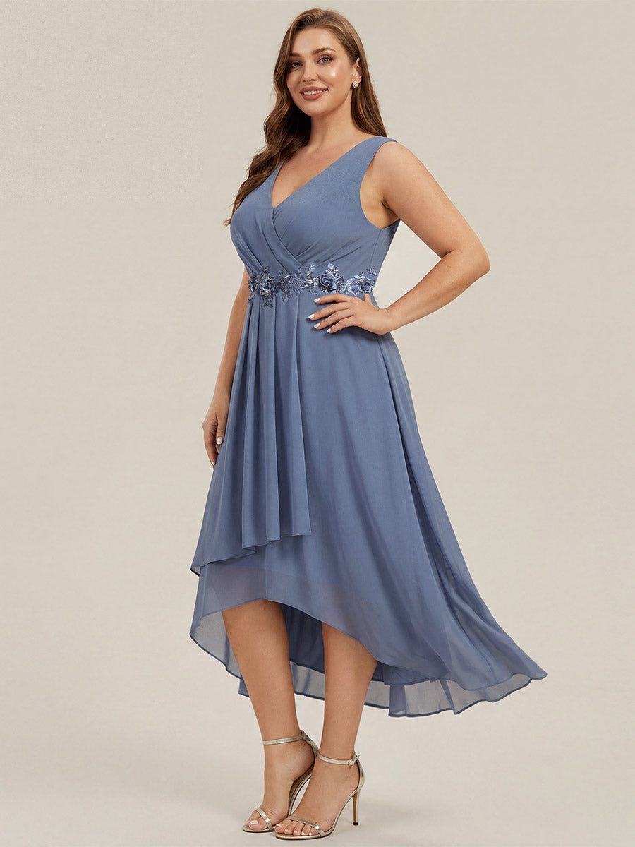 Sleeveless V-Neck High Low Plus Size Wedding Guest Dress with Floral Applique