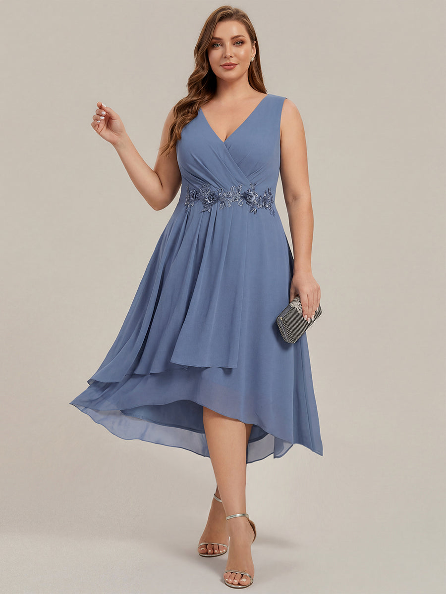 Sleeveless V-Neck High Low Plus Size Wedding Guest Dress with Floral Applique