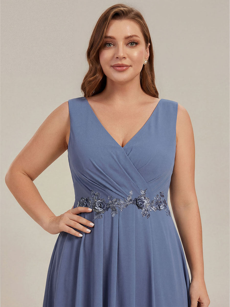 Sleeveless V-Neck High Low Plus Size Wedding Guest Dress with Floral Applique