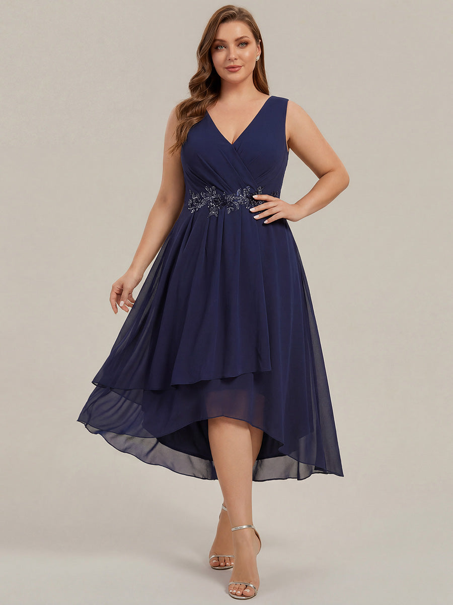 Sleeveless V-Neck High Low Plus Size Wedding Guest Dress with Floral Applique