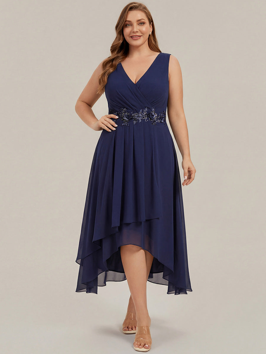 Sleeveless V-Neck High Low Plus Size Wedding Guest Dress with Floral Applique