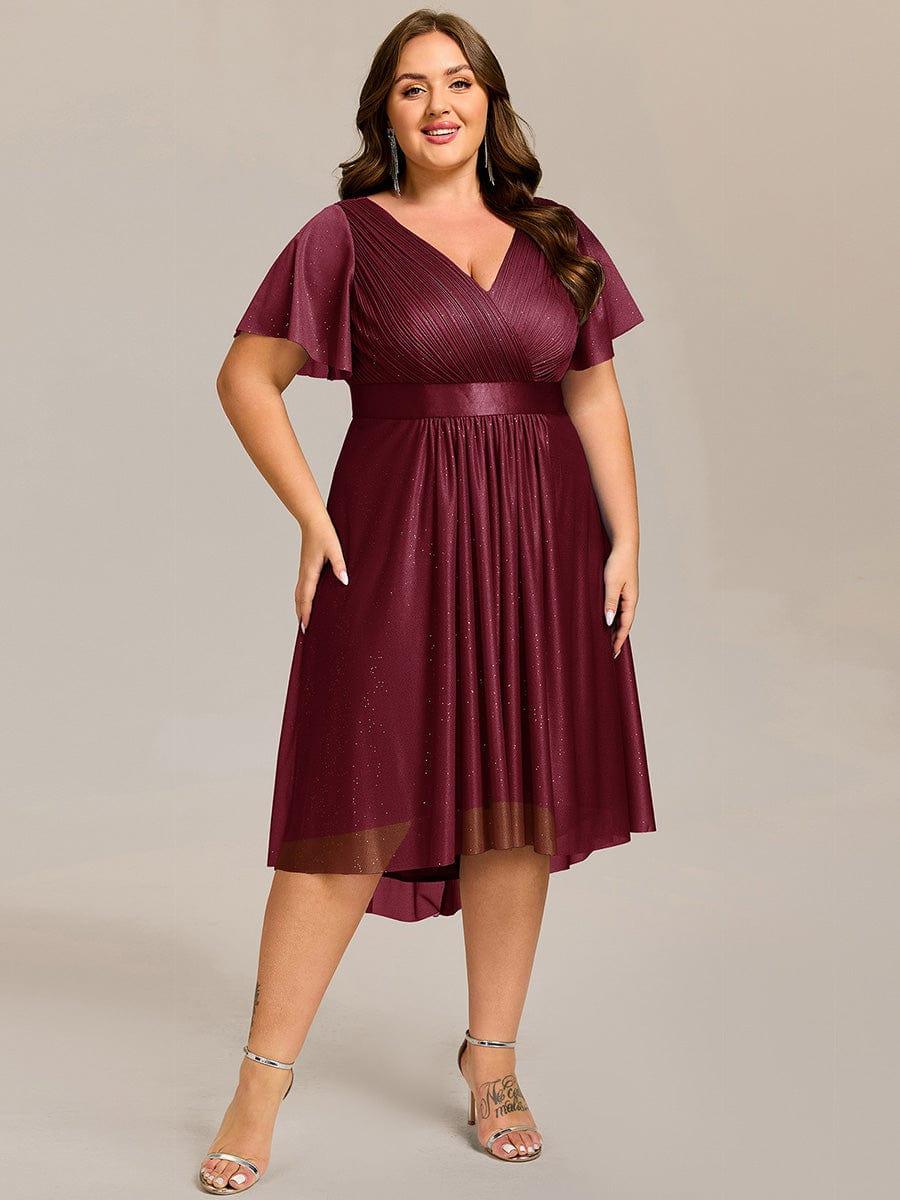 Plus Size Glitter Short Sleeve V-Neck Pleated Midi Wedding Guest Dress