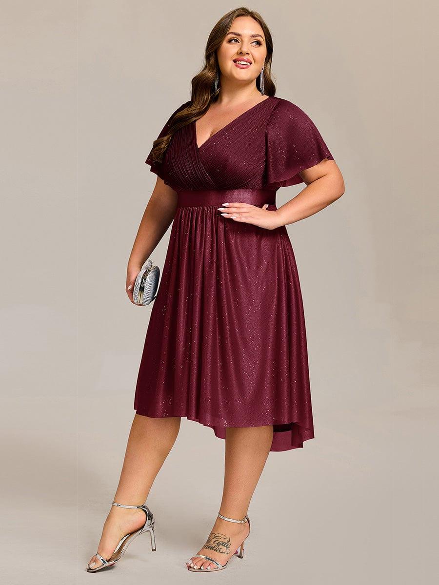 Plus Size Glitter Short Sleeve V-Neck Pleated Midi Wedding Guest Dress
